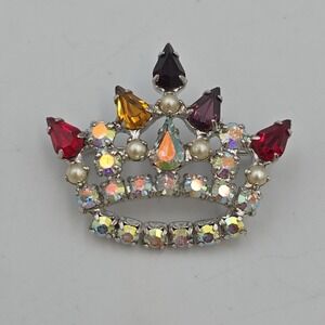 B David Mother's Crown Pin Brooch Sparkling Rhinestones Faux Pearl Silver Tone